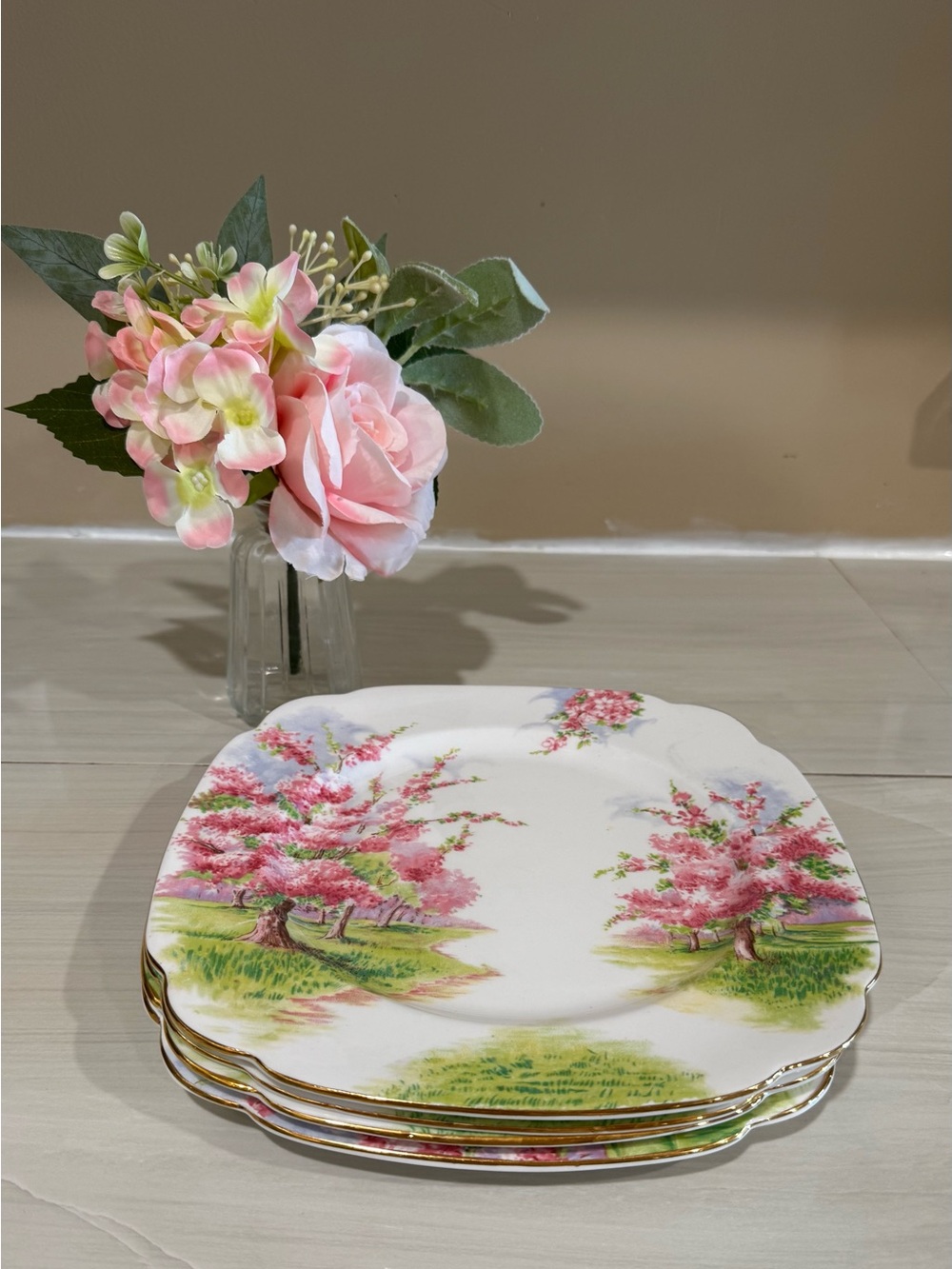 Royal Albert Pink Blossom Time Square Dinner Plate with Gold Rim Set of Four